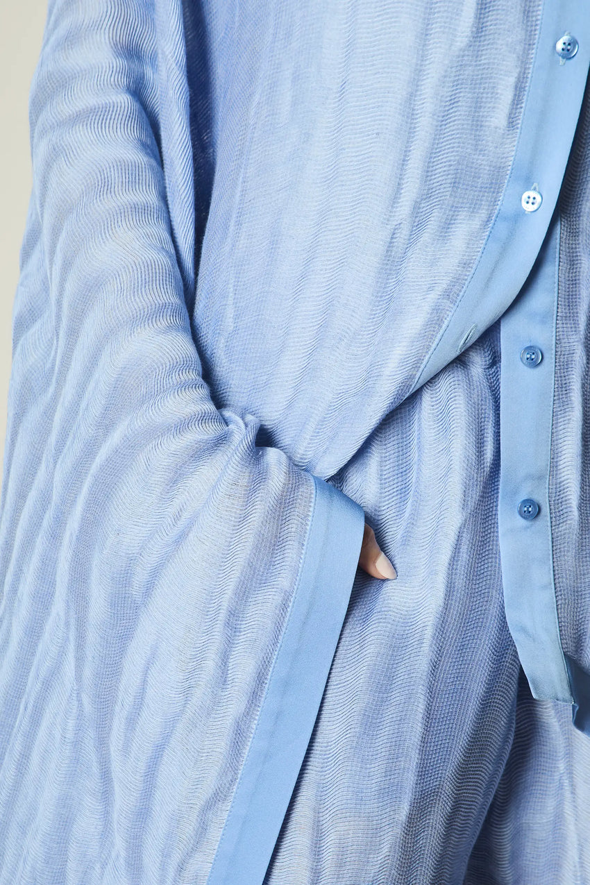 PERIWINKLE LINEN AND SILK DRAPED BLOUSE