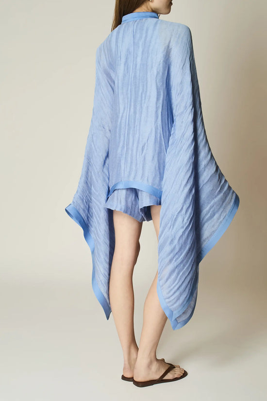 PERIWINKLE LINEN AND SILK DRAPED BLOUSE