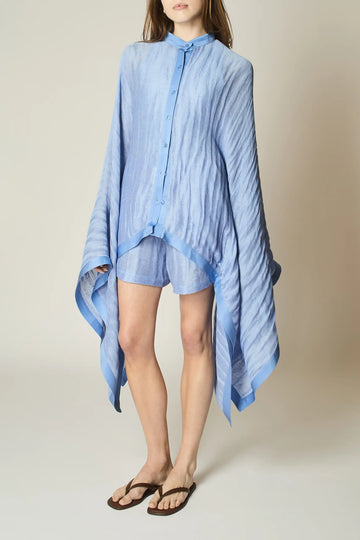 PERIWINKLE LINEN AND SILK DRAPED BLOUSE