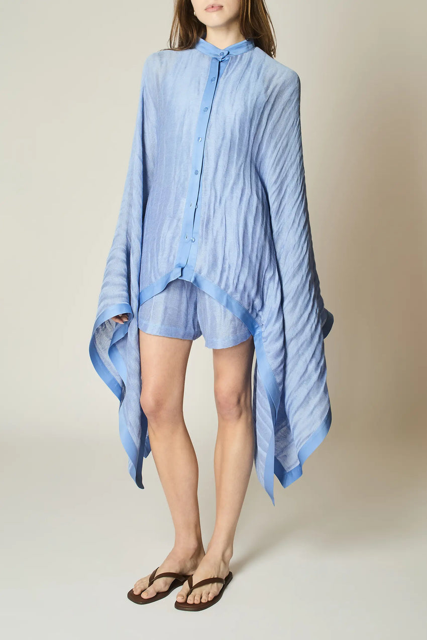 PERIWINKLE LINEN AND SILK DRAPED BLOUSE