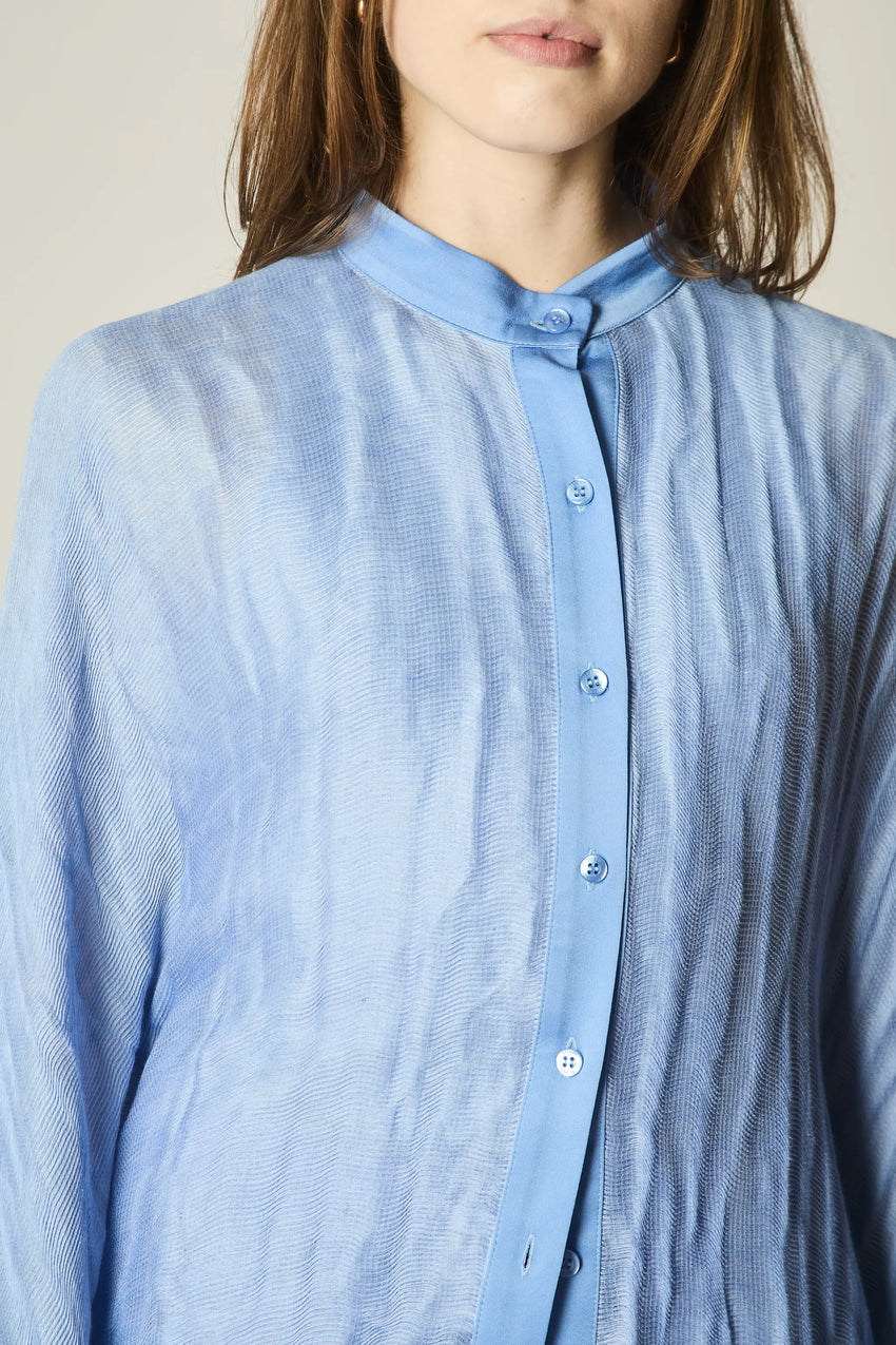 PERIWINKLE LINEN AND SILK DRAPED BLOUSE