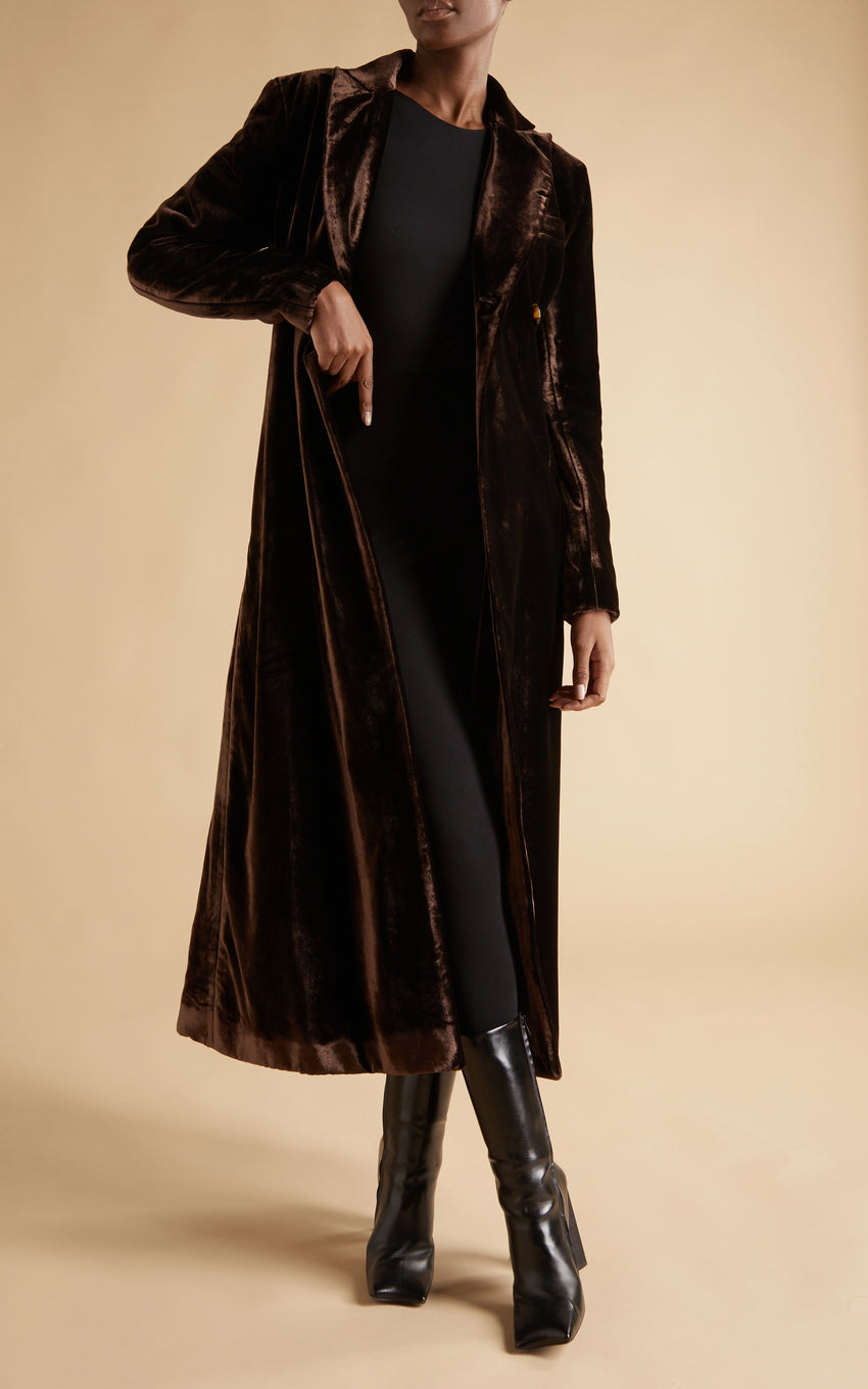 CHOCOLATE VISCOSE AND SILK VELVET COAT