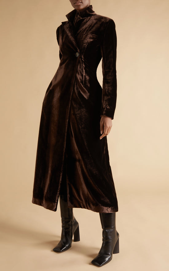 CHOCOLATE VISCOSE AND SILK VELVET COAT
